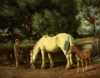 En hoppe og føllet hennes ved en vadested (olje på lerret)