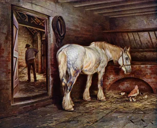 På slutten av dagen: hest i stallen som en mann mugger ut (farge litho)