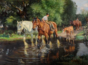 Gårdhester og føll ved en vadested, ca. 1915 (olje på lerret)