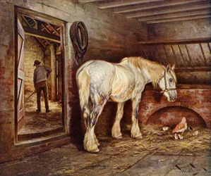 Slutten av dagen - gårdshest kommer hjem (farge litho)