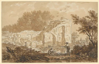 Fisker med kvinne og barn ved en ruin