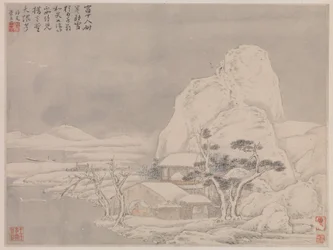 Snølandskap, blad fra album for Zhou Lianggong, datert til 1645–55 (dobbelt albumblad fra et samlet album med tolv malerier og motstående sider med kalligrafi; blekk og farge på papir)