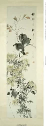 Crested Myna-fugler og krysantemum