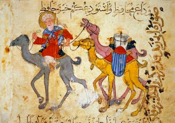 Kamelfølge i ørkenen (Karavane). Miniatyr fra „Maqamat“ (Seanser) av Abu Mohammed al-Kasim ibn Ali Hariri (eller Al-Hariri eller Al Hariri) (1054-1122), illuminert av Yahya Mahmud al-Wasiti (al Wasiti) i 1237, Paris, B.N.