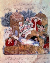 Miniatyr begravelsesscene fra "" Maqamat"" (Seances) av Abu Mohammed al-Kasim ibn Ali Hariri (eller Al-Hariri eller Al Hariri) (1054-1122) opplyst av Yahya Mahmud al-Wasiti (al Wasiti) i 1237 Paris , B.N.