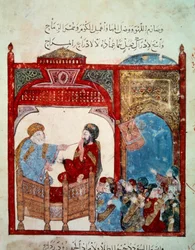 The Wandering Navigator Abu-Zayd (Abu Zayd, Abu Zayd) Miniatyrlærer fra "" Maqamat"" (Seances) av Abu Mohammed al-Kasim ibn Ali Hariri (eller Al-Hariri eller Al Hariri) (1054-1122). Yahya Mahmud al-Wasiti (al-Wasiti) i 1237, Paris, Paris, f