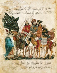 Karavane av arabiske handelsmenn, miniatyr fra Maqamat (Møtene) av Al-Hariri, ca. 1240