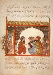 Ms Ar 5847 f.16, kanselli Maragha: guvernøren har foreslått Abu Zayd å gå inn i hans tjeneste, fra Al Maqamat av Al Hariri, ca. 1240 (gouache på vellum)