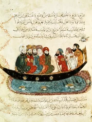 Ms Ar 5847 f.67, Boat on the Euphrates, miniatyr fra 'Al Maqamat' (The Meetings) av Al-Hariri, ca. 1240 (gouache på vellum)
