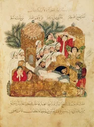 Ms Arab 5847, fol. 29, Begravelse av et pestoffer, fra «Al Maqamat» (Møtene) av Al-Hariri, ca. 1240