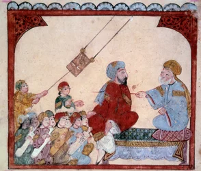 The Wandering Navigator Abu-Zayd (Abu Zayd, Abu Zayd) Miniatyrlærer fra "" Maqamat"" (Seances) av Abu Mohammed al-Kasim ibn Ali Hariri (eller Al-Hariri eller Al Hariri) (1054-1122). Yahya Mahmud al-Wasiti (al-Wasiti) i 1237, Paris, Paris, f