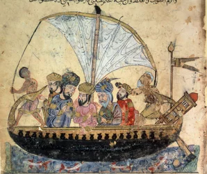 Borgeren al-Harith (Al Harith), sønn av Hammam, og den omvandrende navigatøren Abu-Zayd (Abu Zayd) i en båt på Eufrat. Miniatyr fra Abu Mohammed al-Kasim ibn Ali Hariris (eller Al-Hariri eller Al Hariri) (1054-1122) «Maqamat» (Sesjoner)