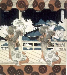 To dansere opptrer på scenen, fra The Dance at Furuichi for Hisakataya Group-serien, ca. 1822 (blekk)