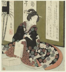 Kvinne med bok En serie på syv trykk for Katsushika Poetry Society (serietittel) Katsushika shichibantsuzuki (serietittel på objekt)