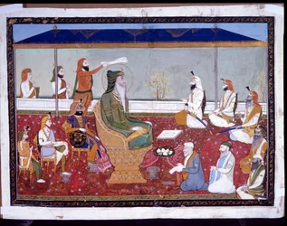 Ranjit Singh på sin gyldne trone, ca. 1830 (ugjennomsiktig akvarell og gull på papir)