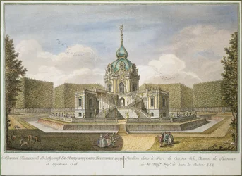 ""Jaktpaviljongen ved Tsarskoye Selo"" av Efim Grigorievich Vinogradov (1725/28-1769), Etsning, akvarell