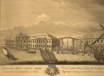 Utsikt over det andre vinterpalasset med kanalen som forbinder Moika med Neva, 1753
