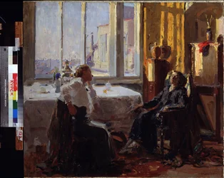 I en kunstners atelier. Maleri av Yefim Mikhailovich Cheptov (1875-1950). Olje på lerret
