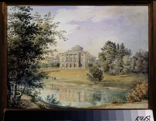 Utsikt over Pavlovsk-palasset (Sankt Petersburg). (Utsikt over Pavlovsk-palasset). Bygget mellom 1782 og 1786 av arkitekten Charles Cameron. Verk av Yegor Yegorovich Meier (1822-1867), akvarell på papir