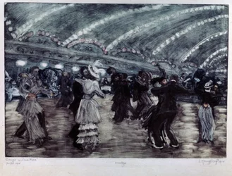 Tango a Luna Park (Tango Dance at Luna Park). Par dansere på et bredt gulv, opplyst fra taket av kranser av lys. Kunstverk av Yelisaveta (Elisabeth) Sergeyevna Krouglikova (Elizaveta Sergeevna Krouglikova) (1865-1941), gravering (