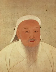 Portrett av Djengis Khan (ca. 1162-1227), mongolsk khan, grunnlegger av det keiserlige Yuan-dynastiet, som gjorde Kina til sentrum for det store Mongolriket (1260-1368), blekk og akvarell på silke, kant av mønstret silke