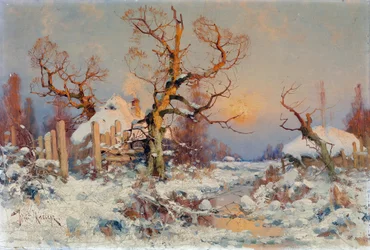 Vinterlandskap i kveldssol. Maleri av Juli Julievich (Julius) von Klever (1850-1924), olje på lerret, slutten av 1800-begynnelsen av 1900-tallet. Russisk kunst, realisme. Privat samling.