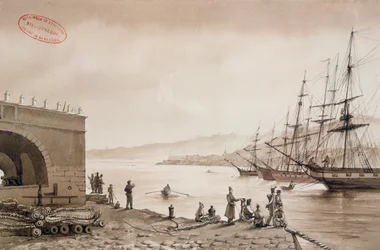 Utsikt over Fort Bab Azoun fra havnen, Alger, ca. 1830-31 (wc på papir)
