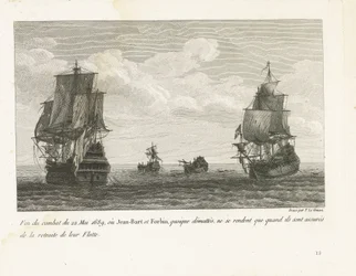 Einde van het gevecht van Jan Bart op 22 mai, 1689 Slutten av kampen 22. mai 1689, hvor Jean-Bart og Forbin, selv om de er demaskerte, bare overgir seg når de er sikret at flåten deres trekker seg tilbake (tittel på objekt) Samling av kampene til Jean-Bart