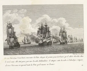 Jan Bart herovert graanschepen op een Hollands eskader, 1694 Den 29. juni 1694 møtte Jean-Bart flåten lastet med korn for Frankrike (...) og tok tilbake hele flåten som han brakte tilbake til Frankrike (tittel på objekt) Recueil des kamper av Jean-Bart, sj