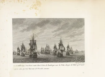 Jan Bart vaart Duinkerke binnen met de heroverde graanschepen, 1694 Den 3. juli 1694 returnerer Jean-Bart til havnen i Dunkerque med flåten lastet med bleds som han hadde overtatt, samt tre fartøyer fra fiendens skvadron (tittel på objekt) Samling