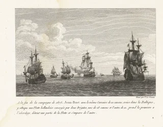 Jan Bart valt Hollandse schepen in de Baltische zee aan, 1675 På slutten av felttoget i 1675 angriper Jean-Bart med den samme Corsair på 10 kanoner, cruise i Østersjøen, en nederlandsk flåte (...) (tittel på objekt) Samling av Jean-Bars kamper