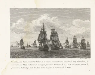 Jan Bart valt met zijn eskader en Hollandse vloot aan, 1676 I 1676 kommanderte Jean Bart, som monterte 18-kanons Palme, en skvadron på fem Corsairs (...) (tittel på objekt) Samling av kampene til Jean-Bart, skvadronsjef under Louis XIV (serietittel)