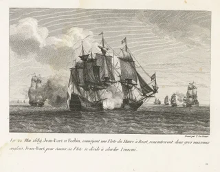 Jan Bart valt twee Engelse schepen aan, 1689 Den 22. mai 1689, Jean-Bart og Forbin, som transporterte en flåte fra Le Havre til Brest, møtte to store engelske fartøyer, Jean-Bart for å redde sin flåte bestemmer seg for å nærme seg fienden (tittel på objekt