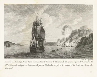 Jan Bart valt zes Hollandse schepen aan voor de kust van Portugal, 1693 I juni 1693 angrep Jeaan-Bart, som kommanderte Vaisseau le Glorieux med 66 kanoner (...) seks nederlandske krigsskip (...) på kysten av Portugal (tittel på objekt) Rec