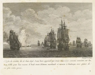 Treffen mellom en vloot under Jan Bart en een Hollandse vloot, 1696 På slutten av kampen 18. juni 1696 får Jean-Bart vite at tretten fiendtlige fartøyer (...) og vender tilbake til Dunkerque med femten av sine rikeste premier (tittel) på objekt) Kompendium
