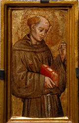 Saint Francois of Assisi (Saint Francis) Maleri av Zanino di Pietro (1389-1448) 1415 Dim 14x7 cm Assisi, Museum of the Treasury of the Basilica of San Francesco. Perkins College