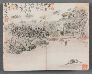 Miniatyralbum med figurer og landskapslandskap med to båtmenn, 1822.