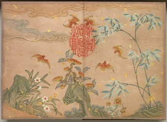 Skrivebordsalbum: Blomster- og fuglemalerier Flaggermus, steiner, blomster oval kalligrafi, 1700-tall.