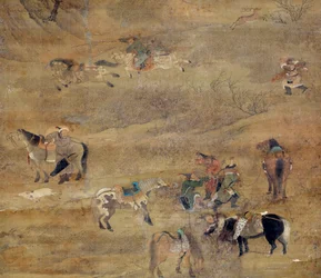 Mongolsk rytter som jager en hest. Detalj. Silkemaleri av Fou Tchao Mong (1254-1322). Yuan-dynastiet (1206-1368 e.Kr.). Paris, Guimet-museet, Nasjonalmuseet for asiatisk kunst