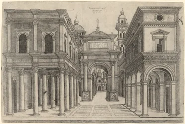 En gate med forskjellige bygninger, søyleganger og en bue, ca. 15001510.