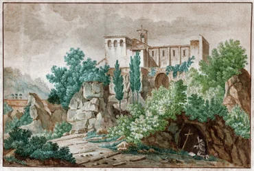 Et kloster i Italia. Pelerin tilber Jesu Kristi kors i en hule. ca 1850 (akvarell)