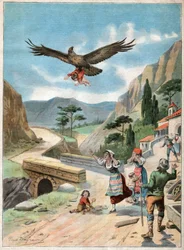 Eagle bortfører et barn. Barn henført av en ørn.