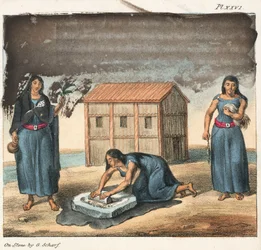 Araucano indiske kvinner maler mais og spinner, Chile