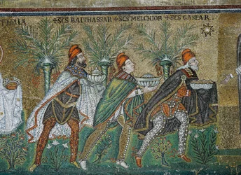 Basilica of Sant'Apollinare Nuovo, Detalj av mosaikk som representerer prosesjon av magi, Ravenna, Emilia-Romagna, Italia