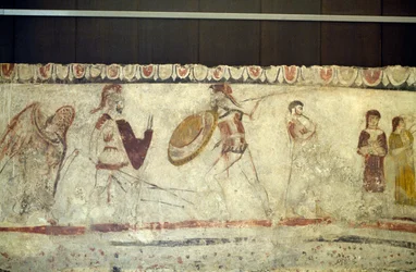 Kampscene mellom to krigere, freskomaleri fra Necropolis i Andriuolo-Laghetto i Paestum, Campania, Italia, antikkens gresk sivilisasjon, Magna Graecia, 4. århundre f.Kr. (bilde)