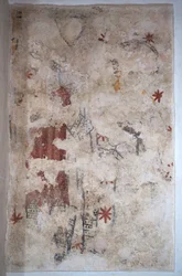 Burgund, Lancharre, kommune Chapaize 71460. I kirken Notre Dame, veggmaleri. To riddere i ringbrynje (fresco)