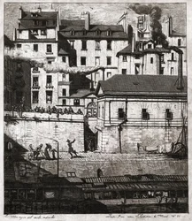 Åsted med politiinngrep på kaiene i Paris. rundt 1860 (gravering)