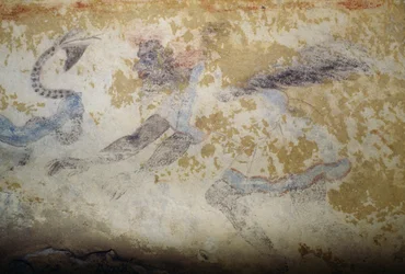 Demon, freskomaleri, Tomb of Blue Demons, Necropolis of Tarquinia (UNESCOs verdensarvliste, 2004), Lazio, Italia, etruskisk sivilisasjon, 5. århundre f.Kr. (bilde)