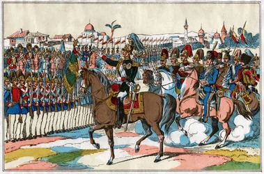 Keiser Alexander II gjennomgår troppene sine før krigserklæringen mot Tyrkia (1877). rundt 1880 (illustrasjon)