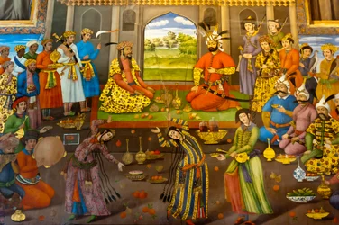 Fresco; bankett med dansende jenter; Shah Tahmasp mottar den indiske Mughal-keiseren Homayun; 1544; Chehel Sotoun; Forti Pilars Palace; Isfahan; Iran; Asia